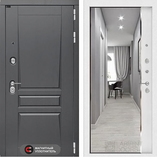 Входная дверь Лабиринт Платинум Панорама с Зеркалом Белый софт