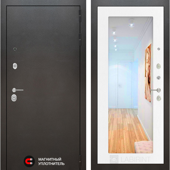 Входная дверь Лабиринт Silver 18 с зеркалом Белое Дерево