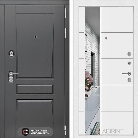 Входная дверь Лабиринт Платинум 19 с Зеркалом Белый Софт