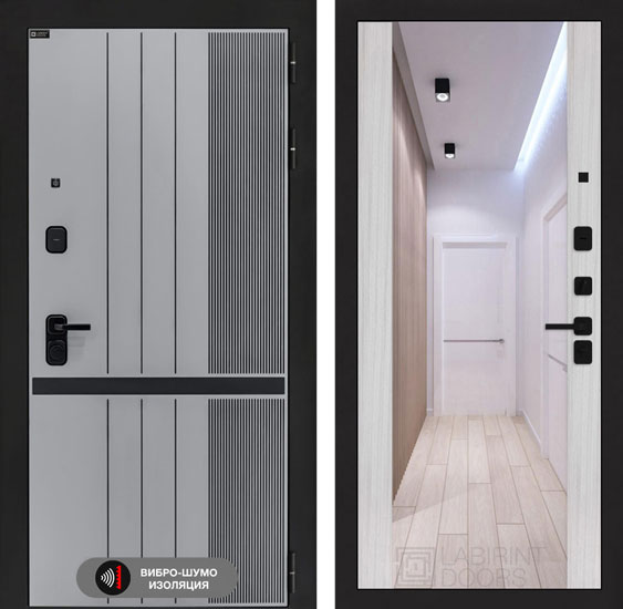 Входная дверь Лабиринт SKYLAB с зеркалом Максимум Сандал белый